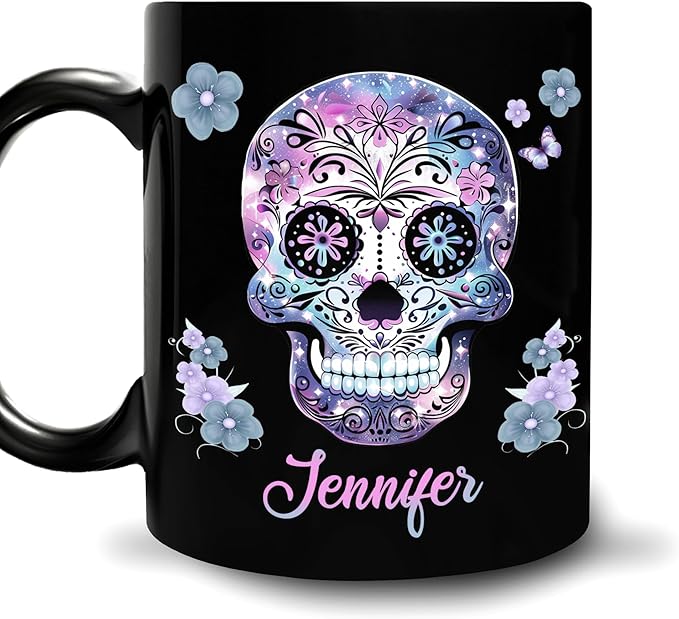 Hyturtle Personalized Gifts for Skull Lovers - Birthday Christmas Halloween - Sugar Skull Purple Flowers Goth Gothic Custom Name 11oz Black Ceramic Coffee Tea Mug for Her Women Mom Girls Friends - sugar skull coffee cup