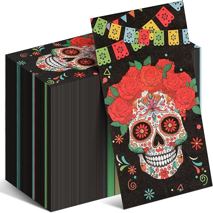 Cholemy 100 Pcs Day of The Dead Napkins Dia De Los Muertos Paper Napkins Halloween Sugar Skull Flowers Napkins Disposable Paper Guest Towels for Cocktail Beverage Mexico Party Favor Supplies 16" x 13" - sugar skull beach towel