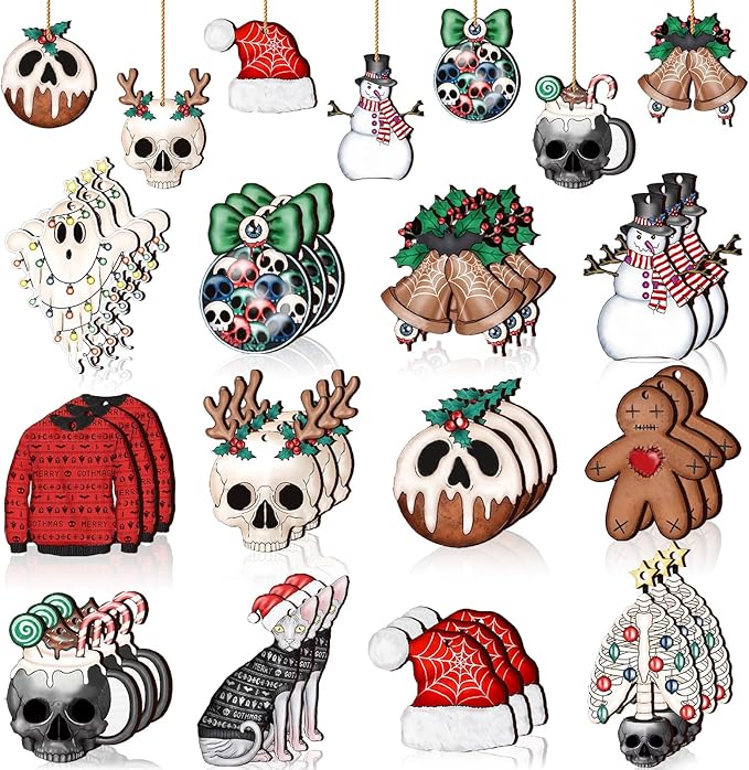 Maitys 36 Pcs Horror Christmas Ornaments Spooky Creepy Christmas Decoration Gothmas Creepmas Gingerbread Man Ghost Snowman Wood Cutouts Horror Decor for Home Xmas Tree Gift - sugar skull christmas decorations