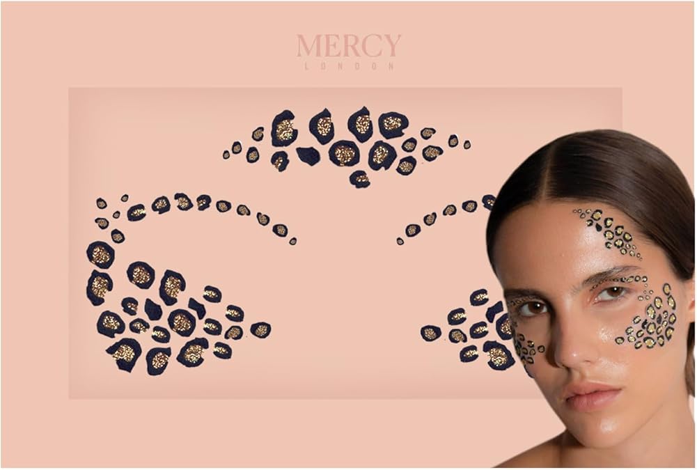Leopard Print Contour Face Jewels by Mercy London Leopard Cat Costume Accessories Gems All In One Halloween Stick On - sugar skull makeup kit