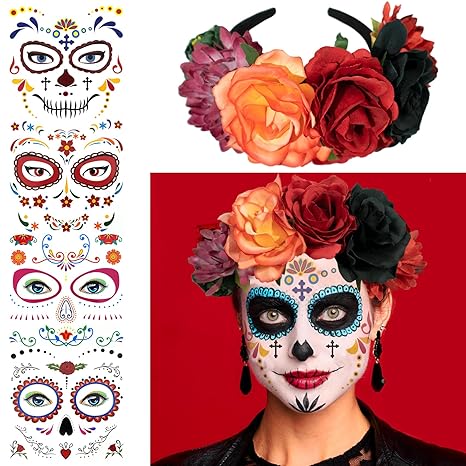 4 Kits Day of the Dead Makeup Face Tattoos for Men and Women with 1 Rose Red Flower Crown Headband for Halloween Party Supplies Cosplay Festival Masquerade Halloween Costume - sugar skull flower crown
