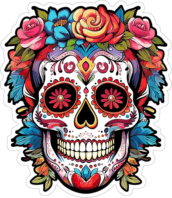 Sugar Skull Sticker 4 Inch Day of The Dead Mexican Tattoo Calavera - Waterproof Vinyl Decal for Laptop Water Bottle Car Tumbler - Durable Funny Aesthetic Long-Lasting Stickers for Adults ID44990 - sugar skull vinyl sticker