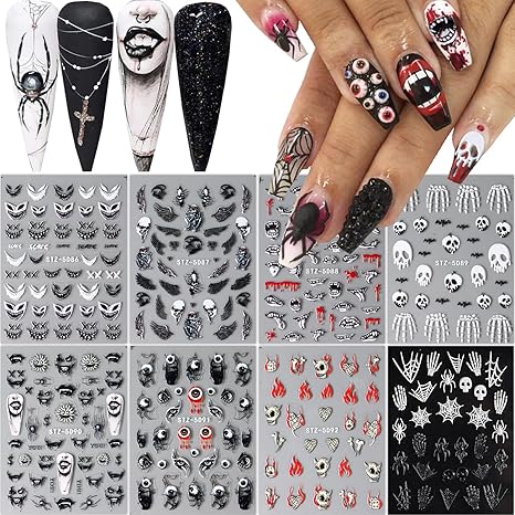 8 Sheets 5D Halloween Nail Stickers Horror Gothic Nail Decals Punk Nail Supplies Embossed Skull Clown Evil Eyes Lip Wing Bone Ghost Spider Web Halloween for Nail Art Stickers Women DIY Nail Decor - sugar skull nail art