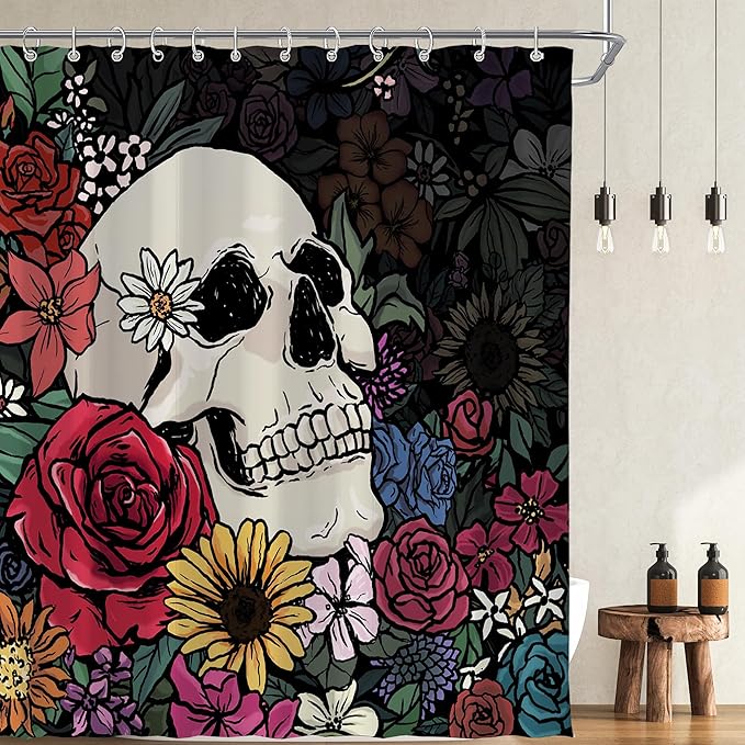 Halloween Gothic Hippie Skull Skeleton Shower Curtain for Bathroom 72W*72H Inch Scary Spooky Rustic Horror Vintage Floral Bathtub Hallowmas Decor Waterproof Polyester Fabric Set with 12 Hooks - sugar skull shower curtain set