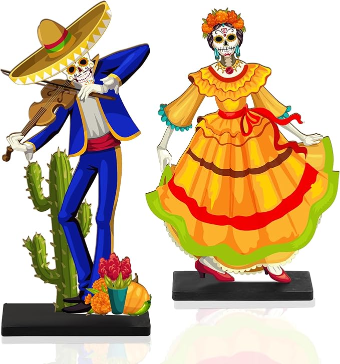 Day of The Dead Centerpieces - Wooden Dancing Couple Sugar Skull Signs for Table - Mexican Dia De Los Muertos Decor - sugar skull christmas decorations