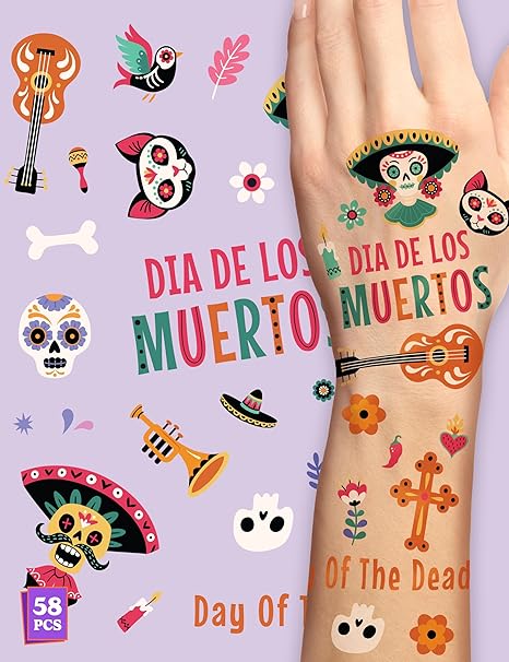 HOUSE OF PARTY Day of the Dead Temporary Tattoos - 58PCS Sugar Skull Stickers for Kids Dia De Los Muertos Birthday Decorations Halloween Festival Mexican Carnival Themed Party Favors and Supplies! - sugar skull temporary tattoo
