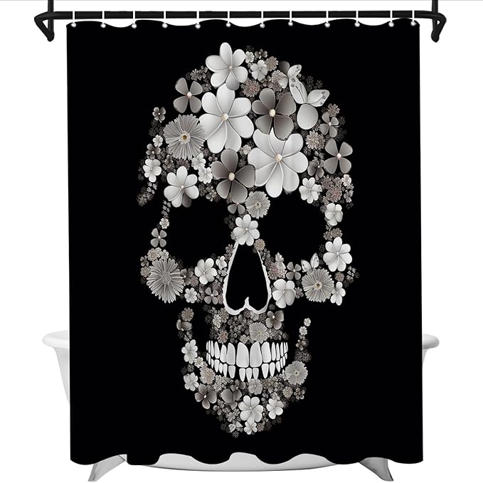 Funny Floral Halloween Shower Curtain Gothic Spooky Skull Theme Bathroom Decor Set Machine Washable Waterproof Fabric 72 x 72 Include Hooks Black - sugar skull shower curtain set