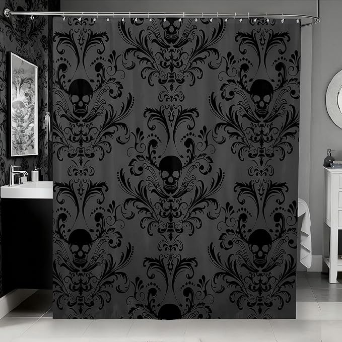 Black Damask Fabric Shower Curtain Antique Victorian Baroque Gothic Shower Curtain Sets Vintage Floral Exotic Sugar Skull Bathroom Accessories 72" Wx72 L,Skeleton Bohemian Decor,Charcoal Grey - sugar skull shower curtain set