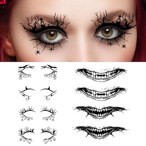 4 Pairs Halloween Eye Shadow Stickers & 4 Pack Skeleton Mouth Temporary Tattoo, 3D Eyeshadow Eyeliner Sticker Waterproof Face Eye Art Decor for Women Girls Halloween Masquerade Party - sugar skull makeup kit