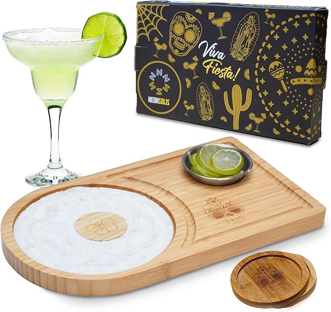 Margarita Salt Rimmer Set – Bamboo Sugar Rimmer for Cocktails with Bowl, 2 Wooden Coasters & Space for Margarita Accessories – Exclusive Mexican Skull Design Edition - sugar skull wine glass