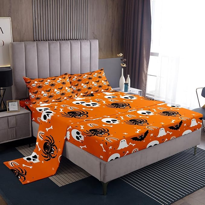 Feelyou Halloween Bed Sheets Set Queen Size Rainbow Spider Sheet Set for Kids Boys Girls Decor Sugar Skull Sheets with Deep Pocket Fitted Sheet Ghost Bones Orange Bedding Set Bedroom - sugar skull throw pillow