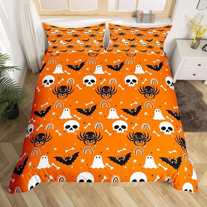 Feelyou Halloween Bedding Duvet Cover Set Twin Size Rainbow Spider Bedding Set for Kids Boys Girls Decor Sugar Skull Comforter Cover Set Ghost Bones Orange Bedspread Cover Bedroom Bedclothes - sugar skull throw pillow