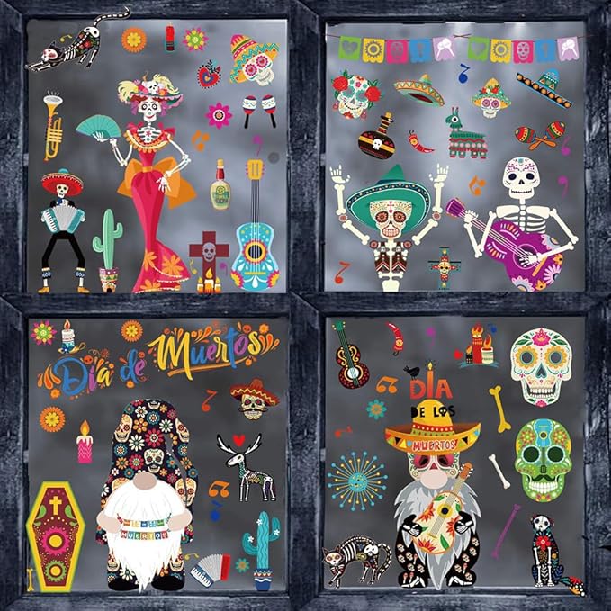 Dia de Los Muertos Window Clings Day of The Dead Window Stickers Halloween Window Decorations with Flowers Sugar Skull Skeleton Gnome Mexican Fiesta Design Decals for Halloween Party Glass 9Sheets - sugar skull vinyl sticker