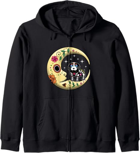 Dog & Moon Sugar Skull Dia de Los Muertos Day tees - sugar skull hoodie mens