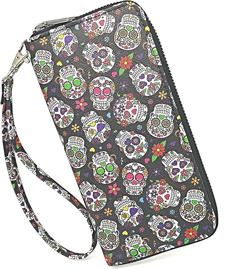 Womens Wallet Gothic Skull Skeleton PU Leather Clutch Wallet Multi Credit Card Large Capacity Zip Around Travel Zipper Purse Wristlet for Women Halloween - sugar skull wallets for women