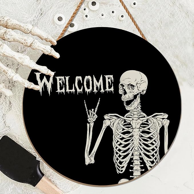 Halloween Decorations Wreath Halloween Skull Welcome Door Sign Front for Door Decoration, Rustic Wooden Holiday Decor for Front Door Porch Window Wall Farmhouse Indoor Outdoor - sugar skull wreath for front door