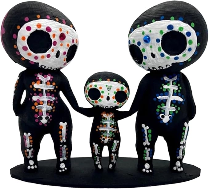 Sugar Skull Couple Figurine Statue Couples Cute Skeleton Mexican Halloween Day of The Dead Figurines Decor(3pcs Family) - sugar skull figurine collectible