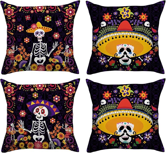 Day of The Dead Pillow Covers Dia De Los Muertos Sugar Skull Flower Throw Pillow Covers 18x18 Set of 4 Day of The Dead Deocr Pillow Case Mexican Fiesta Decorations and Supplies - sugar skull throw pillow