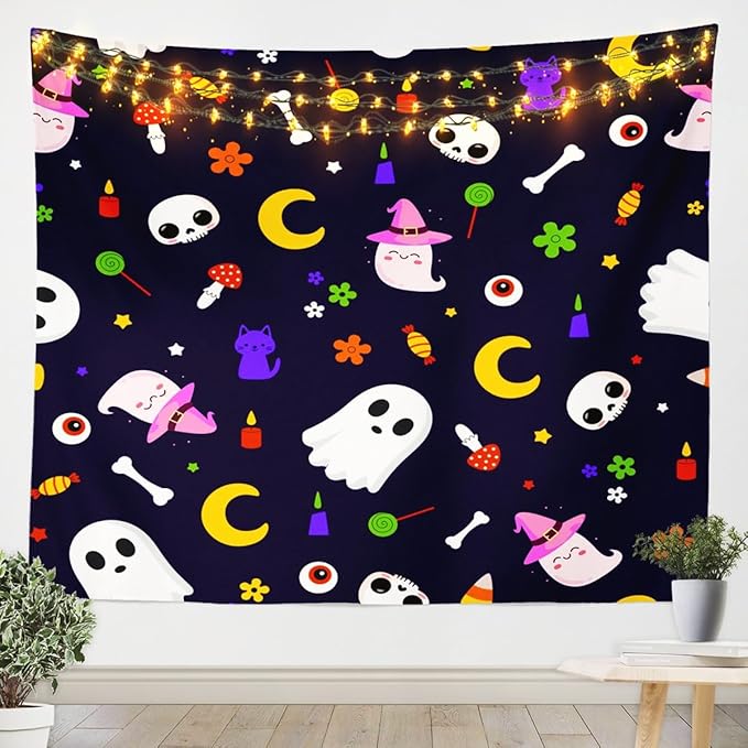 Cute Ghost Tapestry Sugar Skull Gothic Halloween Wall Decor Skeleton Galaxy Stars Moon Tapestries Small 51x59,Purple Cat Halloween Candy Wall Tapestry Mushroom Flowers Candle Halloween Gifts - sugar skull candle holder