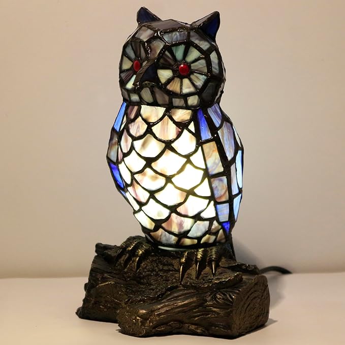 Small Tiffany Lamp Stained Glass Animal Table Lamp Mini Accent Desk Night Light (Blue Purple Owl) - sugar skull table lamp