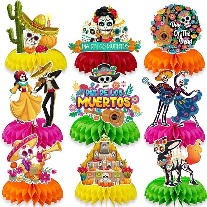 Konsait 9PCS Day of the Dead Centerpieces, Dia De Los Muertos Table Decorations, Classic Sugar Skull Table Oranaments for Party, Day of the Dead Party Supplies Party Favors - sugar skull figurine collectible