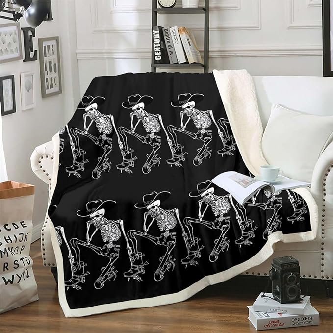 Sugar Skull Halloween Throw Blankets Funny Skeleton Halloween Decorations Indoor,Cartoon Gothic Bone Halloween Blanket 50"x60",Black and White Fleece Blanket Cowboy Skeletons Halloween Decor - sugar skull throw blanket