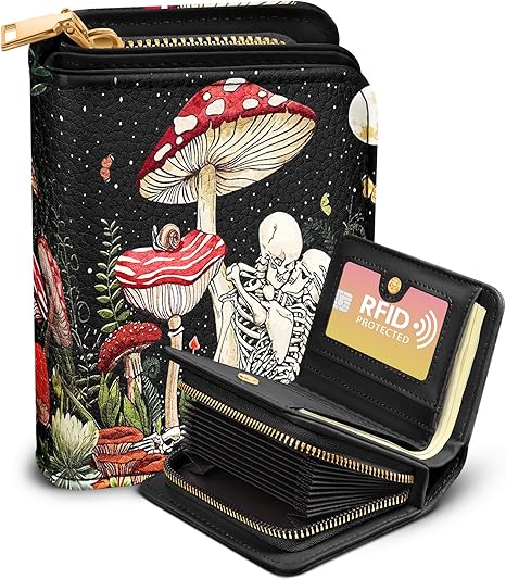 Credit Card Holder Wallet for Women Cute Leather Ladies Teen Girls Female Cardholder Wallets Accordion Purse Small Medium Aesthetic Print Mushroom Skull Unique Modern Y2k Rfid Zipper Around - sugar skull wallets for women