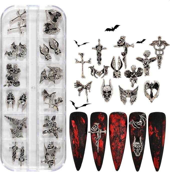 24Pcs/Box Halloween Nail Charms Decorations 3D Vintage Punk Skulls Cross Nail Art Charm Metal Alloy Halloween Nail Design for Manicure Craft DIY Nail Art Accessories - sugar skull nail art