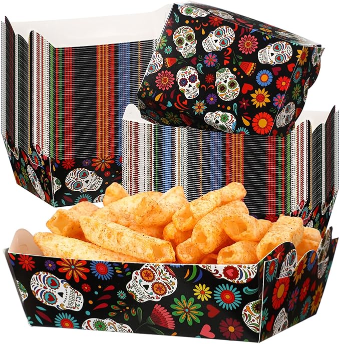 Zhehao 60 Pcs Day of the Dead Food Trays Dia De Los Muertos Party Supplies Fiesta Snack Trays Halloween Paper Food Trays Disposable Mexican Skull Candy Bowl for Halloween Day of the Dead Decoration - sugar skull plates set