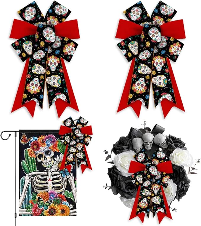 Hying 2PCS Day of The Dead Bows for Wreath, Red Black Dia de Los Muertos Wreath Bow for Mexican Party Supplies Halloween Sugar Skull Bow for Front Door Indoor Outdoor Wall Tree Topper Decorations - sugar skull wreath for front door