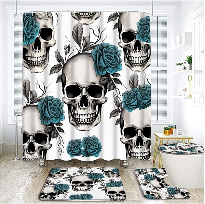 4 Piece Floral Sugar Skulls Shower Curtain Sets with Rugs, Toilet Lid Cover , Vintaage Teal Goth Rose Spooky Flowers Skeleton Gothic Day of Death Halloween Bathroom Shower Curtain with 12 Hooks - sugar skull shower curtain set