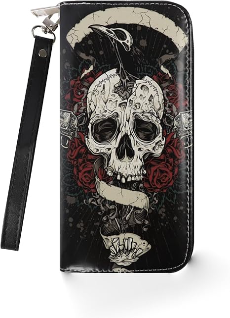 Skull Wallet Long Wallet Halloween Wallet, Black Wallet Zip Around Wallets for Women Men, Card Holder Wallet for Halloween - sugar skull wallets for women