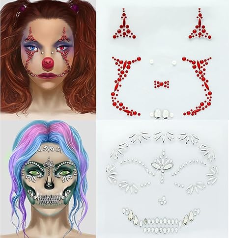 Face Gems Jewels Tattoos Halloween Makeup Skeleton Face Temporary Skull Tattoos Rhinestone Crystal Stones Body Gems Stickers for Halloween Day of the Dead Festival Rave Party Costume (2 Set) - sugar skull temporary tattoo