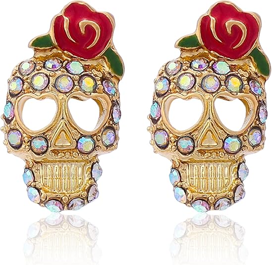 Halloween Stud Earrings Sugar Skull Earrings Creepy Gothic Statement Earrings Sparkly Rhinestones Punk Skull Earrings Studs Vintage Skull Jewelry for Women - sugar skull handbags for sale