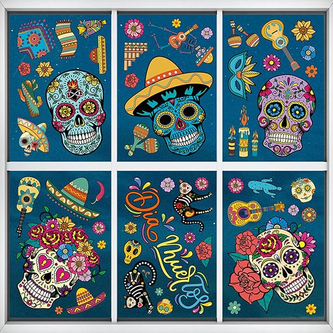 9PCS Mexican Dia de Los Muertos Window Stickers Halloween Window Decorations with Sugar Skull Skeleton Gnome Flowers Design Decals Day of The Dead Party Supplies Large for Glass Windows - sugar skull christmas ornament