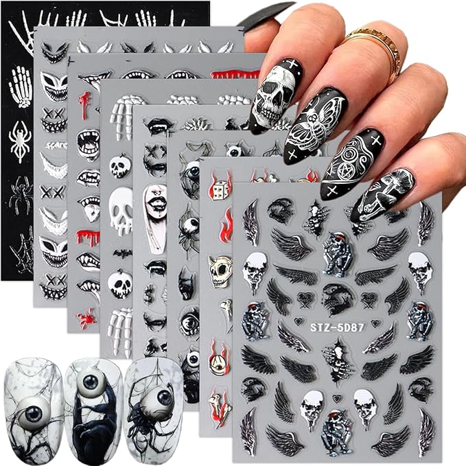 5D Halloween Nail Art Sticker - Embossed Horror Ghost & Skull Decals with Flame, Spider Web, Bat, Evil Eye & Skeleton Designs - Self-Adhesive for Women - 8 Sheets - sugar skull nail art