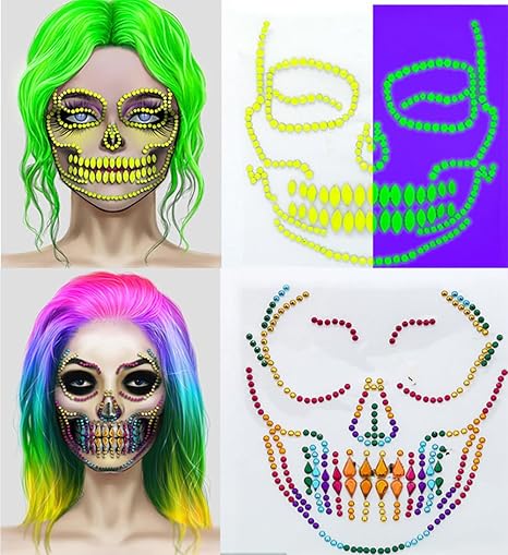 Day Of the Dead Skeleton Face Gems Halloween Sugar Skull Rhinestone Face Temporary Tattoos, Fluorescence Face Sticker Gems Face Decals Stick On Halloween Prank Makeup Costume,2-Pack - sugar skull temporary tattoo