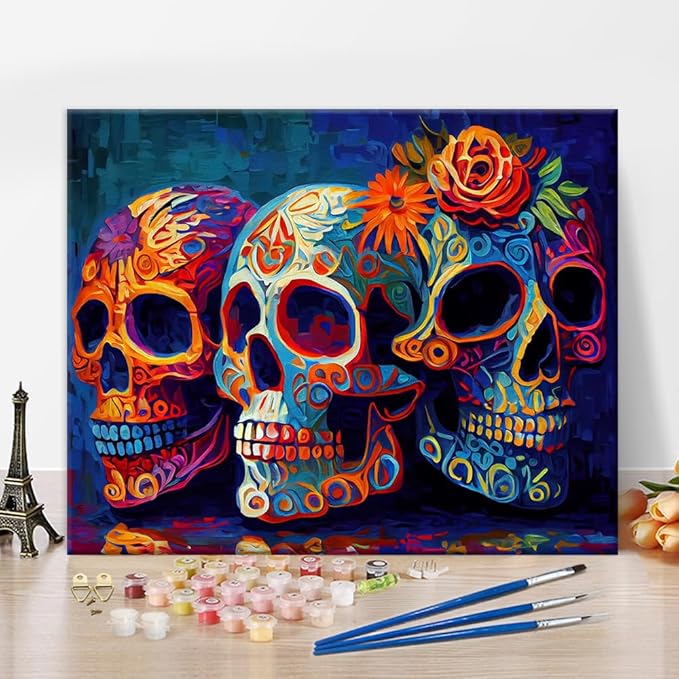 Paint by Numbers for Adults, Mexican Day of The Dead Skulls Artwork Paint by Number Kits Unframed Paint by Numbers for Adults Beginner Colorful Skull Art Wall Decor Acrylic Paints 16"x20" - sugar skull canvas wall art