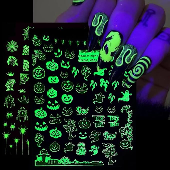6 Sheets Halloween Nail Art Stickers Glow in Dark Nail Decals Skull Head, Bat, Spider Web, Cat, Alien Design Nail Stickers Luminous 3D Self Adhesive Decals Halloween Nail Decorations for Women Kids - sugar skull nail art