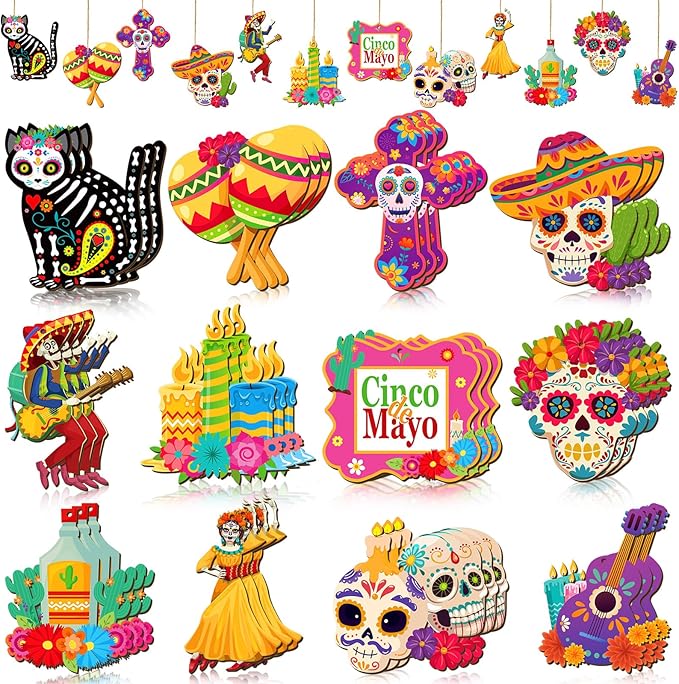 Soaoo 36 Pcs Day of The Dead Ornaments for Tree Dia De Los Muertos Decorations Mexican Theme Cat Skeleton Wood Sign Halloween Ornament Skulls for Crafts Hanging Decor Fiesta Festival Party Gift - sugar skull christmas ornament