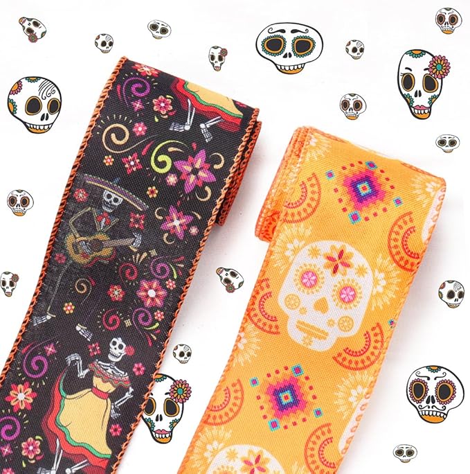 Threetols 2 Rolls 10 Yards Halloween Wired Edge Ribbons, 2.5inch Black Orange Sugar Skull Flower Burlap Ribbon, Mexican Dia De Los Meurtos Ribbon for Day of The Dead Party DIY Craft Wreath Decor - sugar skull christmas ornament