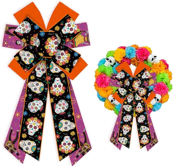 Threetols Large Day of The Dead Bow for Wreath, Sugar Skull Flower Wreath Bows Mexican Dia De Los Meurtos Orange Purple Black Bows for Front Door, Halloween Tree Bows for Mexican Ofrenda Party Supply - sugar skull wreath for front door