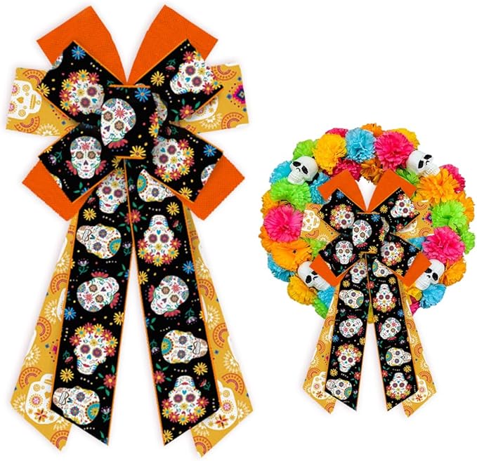 Threetols Large Halloween Bows for Wreath, Sugar Skull Flower Wreath Bows Mexican Day of The Dead Orange Black Bows for Front Door, Halloween Tree Bows for Mexican Ofrenda Party Supplies - sugar skull christmas ornament