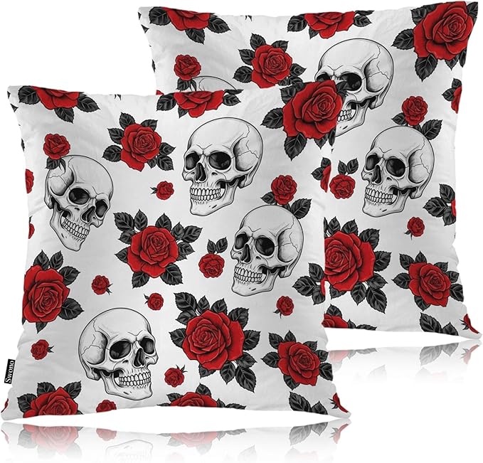 Swono Skull and Rose Throw Pillow Cases, Day of The Dead Mexico Sugar Skull Rose Set of 2 Decorative Throw Pillow Cover, Square Pillow Cushion Case Home Decor for Sofa Couch Bed Car 18x18 Inches - sugar skull throw pillow