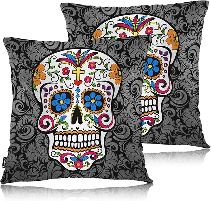 Swono Sugar Skull Set of 2 Square 18x18 Inch Throw Pillow Cover Mexican Day of The Dead Sugar Skull Rose Soft Pillowcases Pillow Cushion Covers for Home Sofa Couch Garden Bench Car Decoration - sugar skull throw pillow
