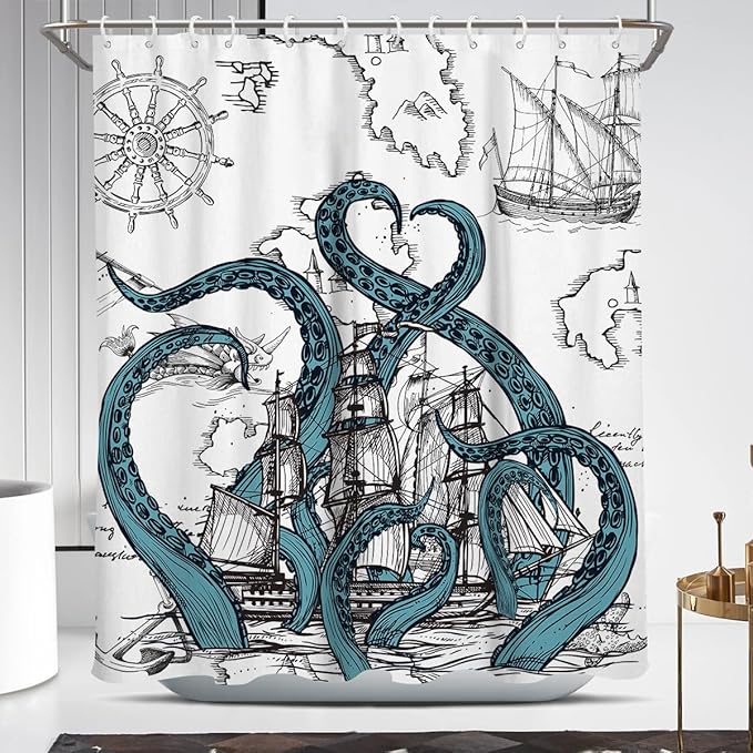 Coxila Nautical Octopus Shower Curtain Funny Fun Cool Kraken Coastal Pirate Ship World Map Mens Anime Vintage Ocean Unique Adventure Novelty Adult Sea Weird 60 x 72 Inch Polyester Fabric 12 Pack Hooks - sugar skull shower curtain set