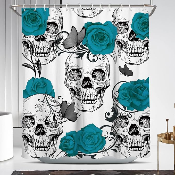 Coxila Gothic Skull Shower Curtain Goth Spooky Skeleton Sugar Bone Flowers Day of Death Halloween Teal Rose Bathroom Decor 60 x 72 Inch Polyester Fabric 12 Pack Hooks - sugar skull shower curtain set