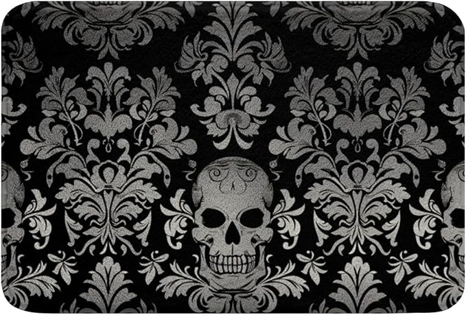 Adults Gray Damask Bathroom Rugs Antique Victorian Baroque Area Rug 16"x24",Gothic Vintage Floral Floor Mats Exotic Sugar Skull Door Mat,Gothic Bone Skeleton Bohemian Decor,Black - sugar skull floor mat