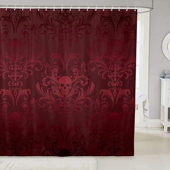 Adults Red Damask Bath Curtain Antique Victorian Baroque Fabric Shower Curtain 72" Wx72 L,Vintage Floral Exotic Sugar Skull Bathroom Decor,Gothic Bone Skeleton Bohemian Decor - sugar skull toilet mat set