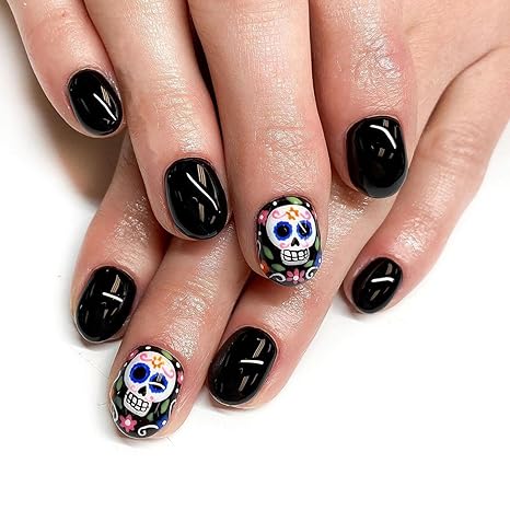 Halloween Fake Nails Short Square Press on Nails Black Full Cover Sugar Skull False Nails with Designs Glossy Glue on Nails Cute Stick on Nails Acrylic Nails Artificial Nails for Women Girls 24Pcs - sugar skull nail art